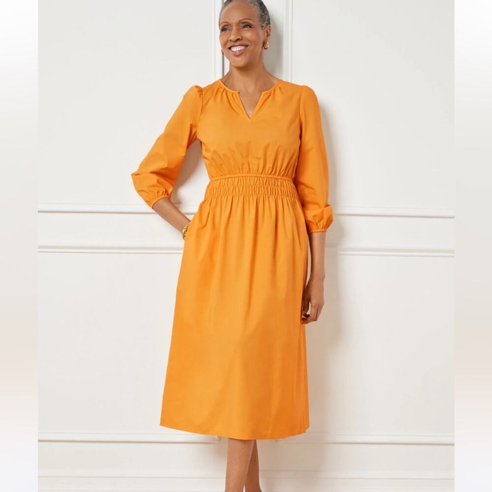 Talbots NWT Smocked Waist Poplin Midi Dress Bright Marigold Orange 4P